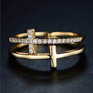 Gold Cross Double Band Ring with Clear Stones - Women FASHION JEWELRY SIZE 7
